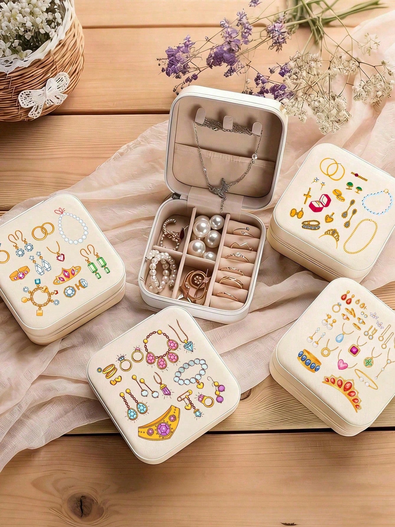 Portable Mini Jewelry Box, Cute Printed Travel Jewellery Organizer, Printed With Exquisite Jewelry And Accessory Patterns, Jewelry Storage Box, Accessory Storage, Necklace And Earring Box, Large Capac