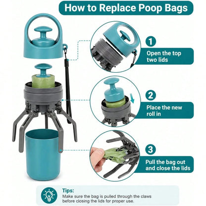 Portable Pet Dog Poop Scooper With Waste Bag Dispenser- Durable Plastic Material, Blue-Green, Paw-Shaped Design For Efficient Cleaning, Includes Leak-Proof Waste Bags, Suitable For Outdoor Use