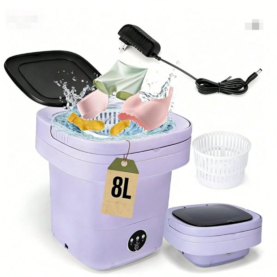 Portable Washing Machine 8L Foldable Mini Washer,Spin Basket,Top Fill Port,Water Inlet Hose&Drainage Pipe–Compact Collapsible Laundry Set For Small Clothes,Apartments,Dorms,Travel&RV