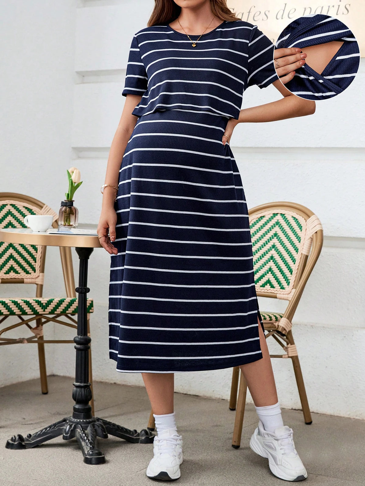 Pregnant Women Fashionable Striped Simple Style Nursing Dress For Maternity World Cup