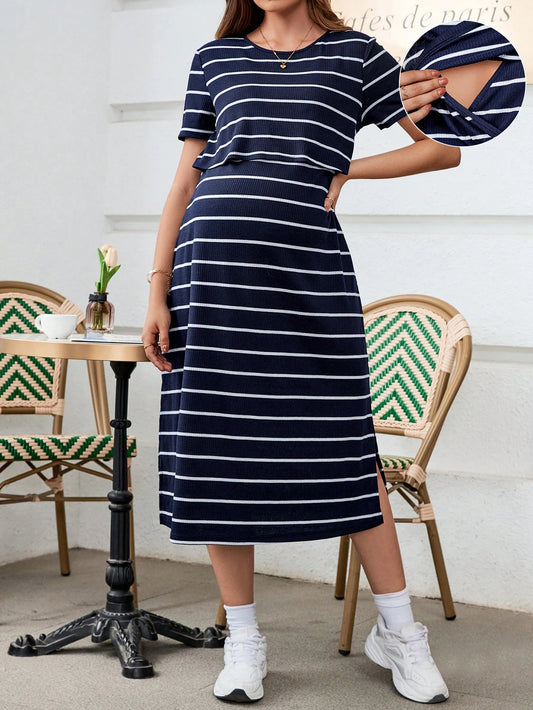 Pregnant Women Fashionable Striped Simple Style Nursing Dress For Maternity World Cup