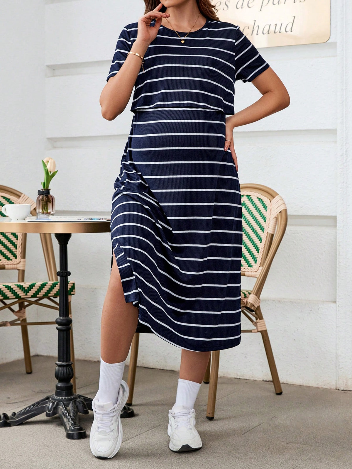Pregnant Women Fashionable Striped Simple Style Nursing Dress For Maternity World Cup