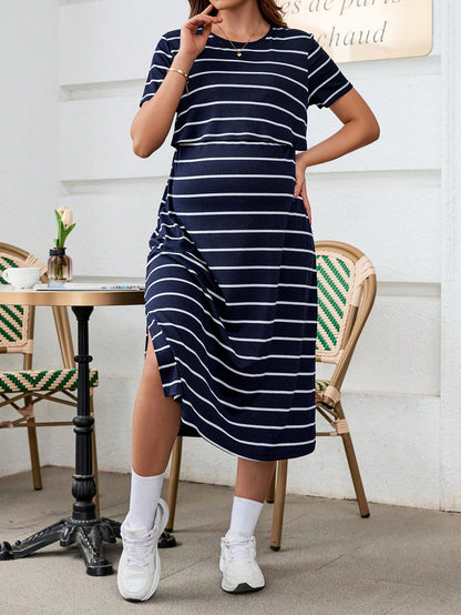 Pregnant Women Fashionable Striped Simple Style Nursing Dress For Maternity World Cup