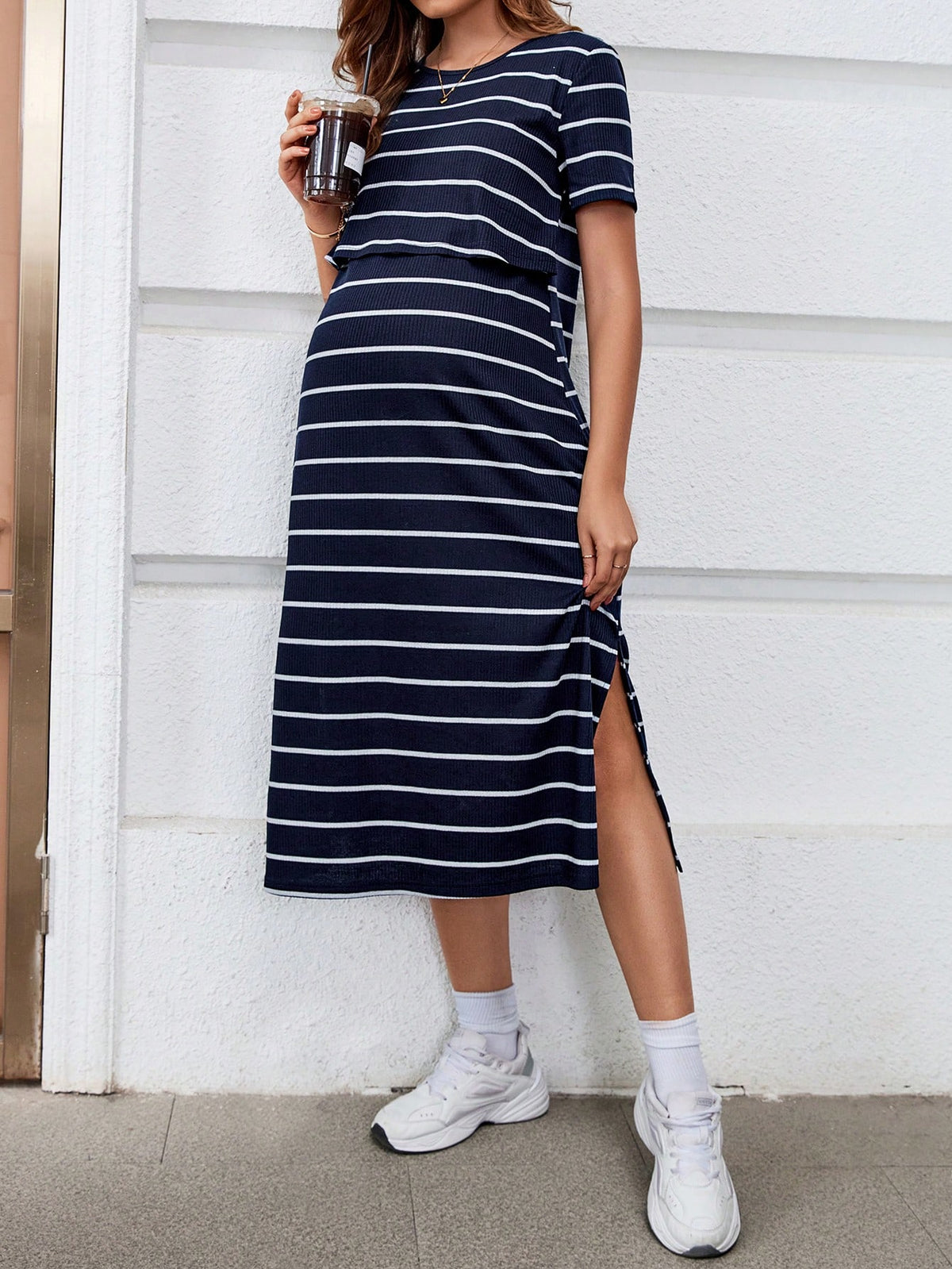 Pregnant Women Fashionable Striped Simple Style Nursing Dress For Maternity World Cup