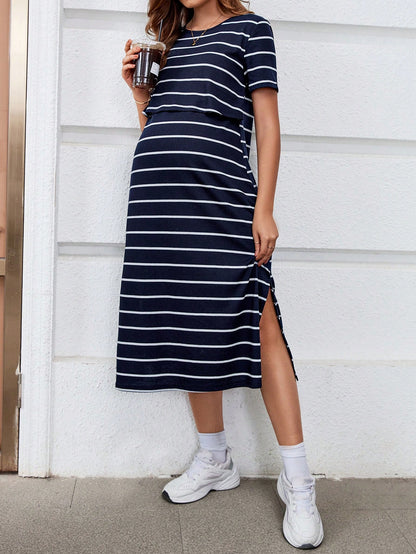 Pregnant Women Fashionable Striped Simple Style Nursing Dress For Maternity World Cup