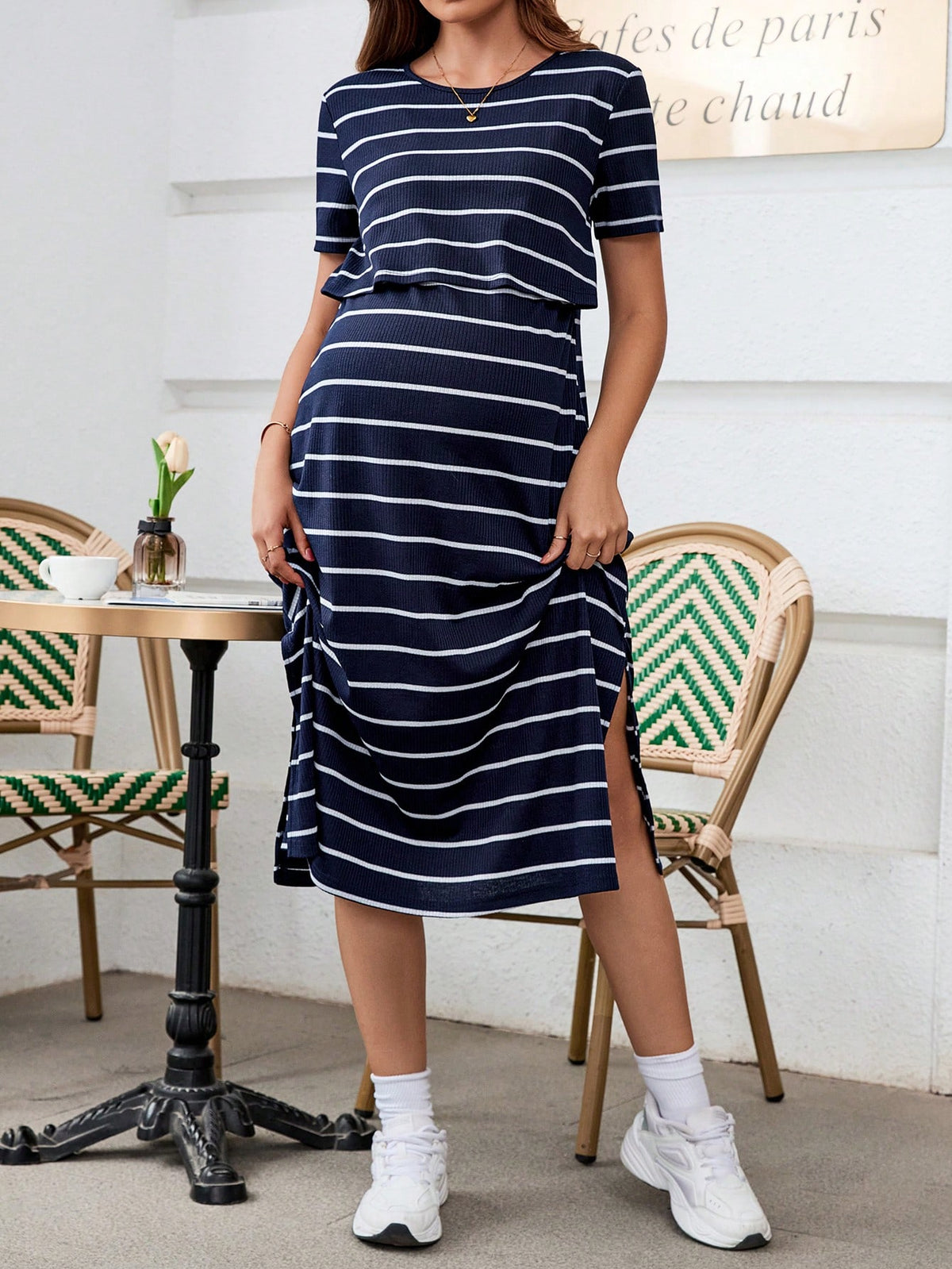 Pregnant Women Fashionable Striped Simple Style Nursing Dress For Maternity World Cup