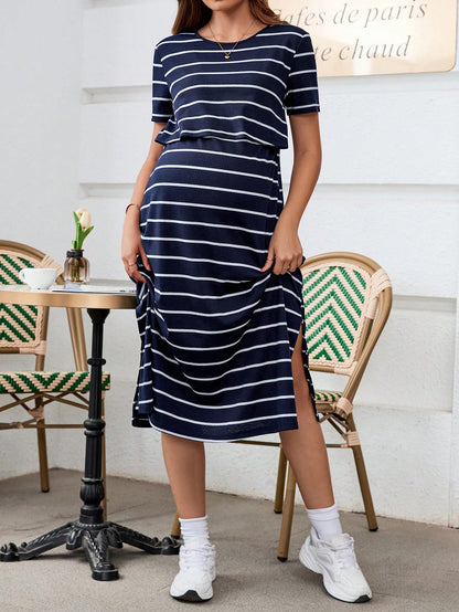 Pregnant Women Fashionable Striped Simple Style Nursing Dress For Maternity World Cup