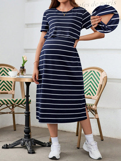 Pregnant Women Fashionable Striped Simple Style Nursing Dress For Maternity World Cup