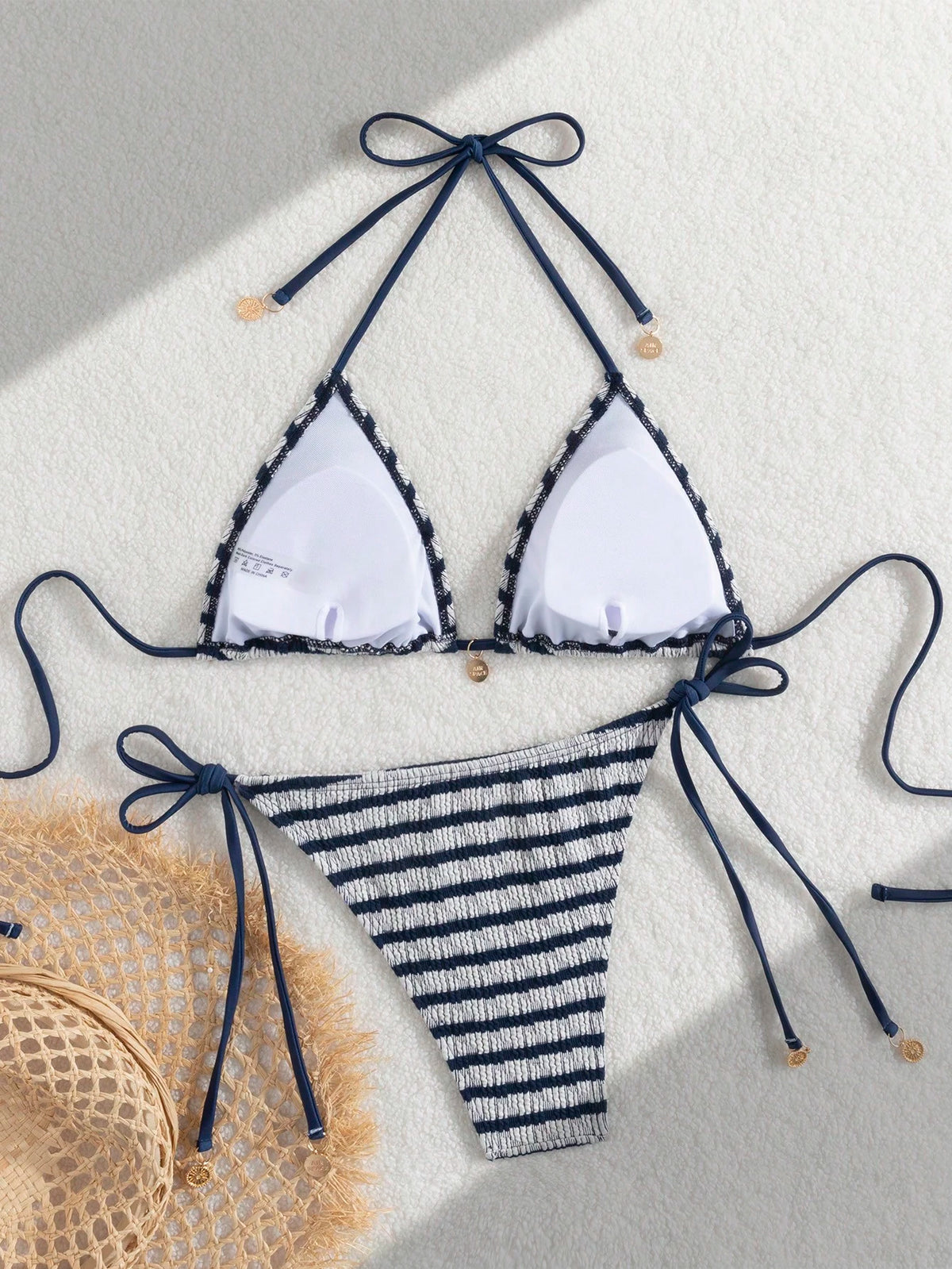 Premium European Halter Bikini With Striped Wavy Split Design, Stylish Color-Block Swimwear Summer Vacation Beach