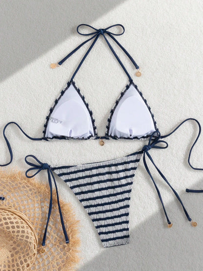 Premium European Halter Bikini With Striped Wavy Split Design, Stylish Color-Block Swimwear Summer Vacation Beach
