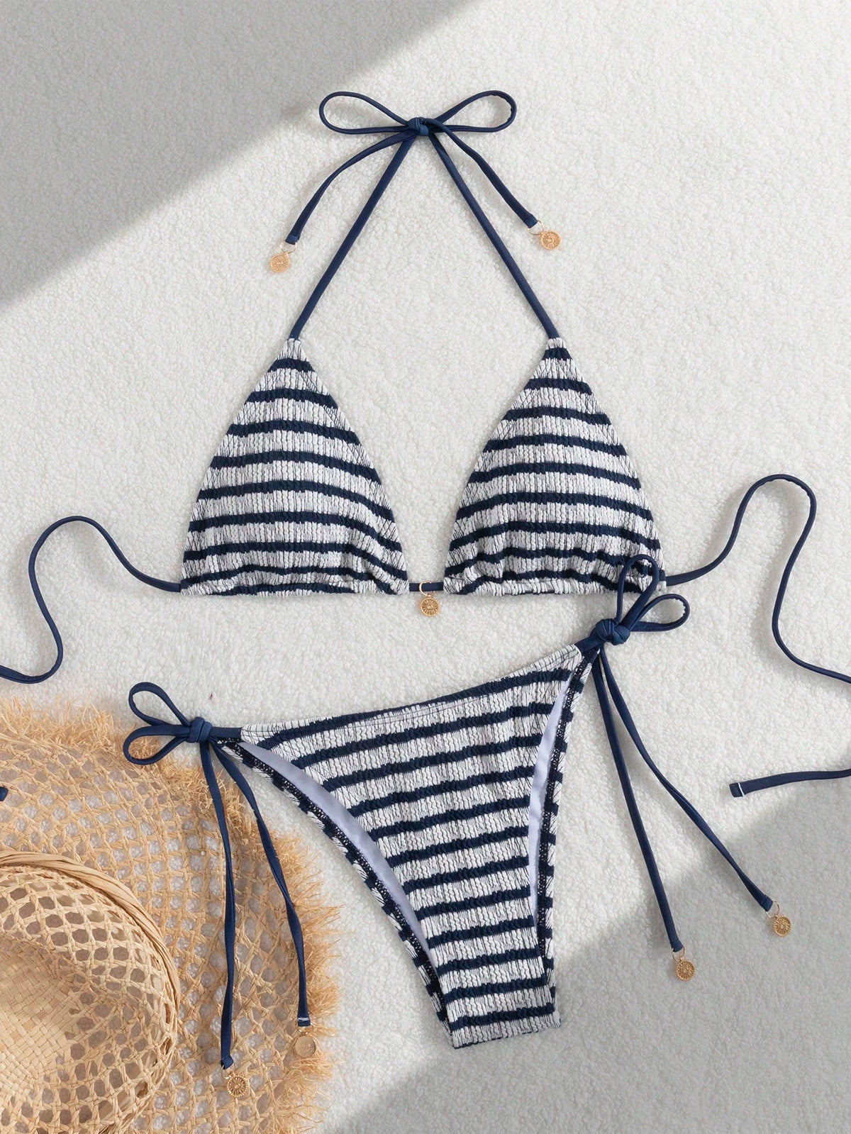 Premium European Halter Bikini With Striped Wavy Split Design, Stylish Color-Block Swimwear Summer Vacation Beach