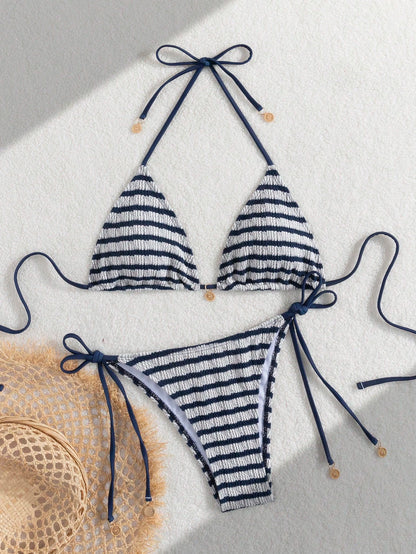 Premium European Halter Bikini With Striped Wavy Split Design, Stylish Color-Block Swimwear Summer Vacation Beach