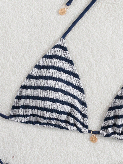 Premium European Halter Bikini With Striped Wavy Split Design, Stylish Color-Block Swimwear Summer Vacation Beach