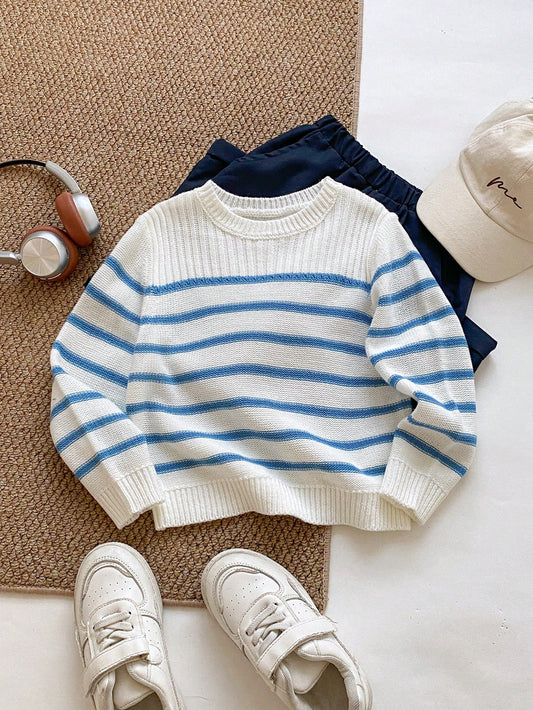 PrepCrw 1 Piece Young Boy Casual College Comfortable Fashion Simple Practical All-Match College With Stripes Comfortable Thick Warm Round Neck Sweater For Back To School Daily Suitable For School Trav