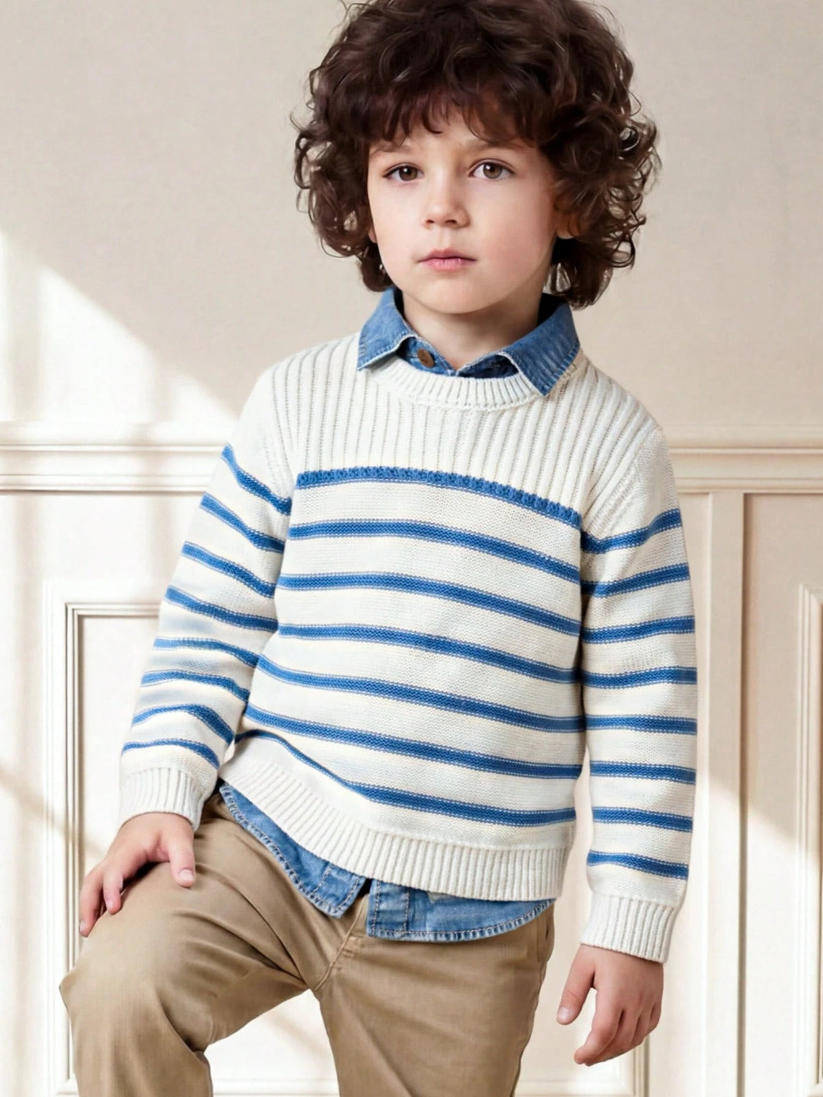 PrepCrw 1 Piece Young Boy Casual College Comfortable Fashion Simple Practical All-Match College With Stripes Comfortable Thick Warm Round Neck Sweater For Back To School Daily Suitable For School Trav
