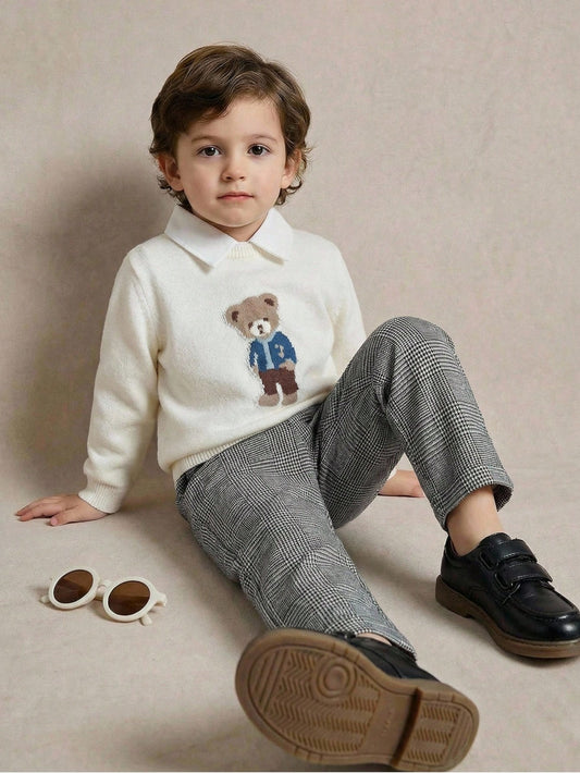 PrepCrw Young Boys' Casual Bear Graphic Sweater,White Winter Career Day School Back-To-School Retro Vintage Y2k Streetwear Cozy Autumn/Winter Holiday Party