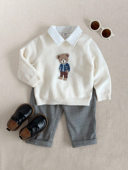 PrepCrw Young Boys' Casual Bear Graphic Sweater,White Winter Career Day School Back-To-School Retro Vintage Y2k Streetwear Cozy Autumn/Winter Holiday Party