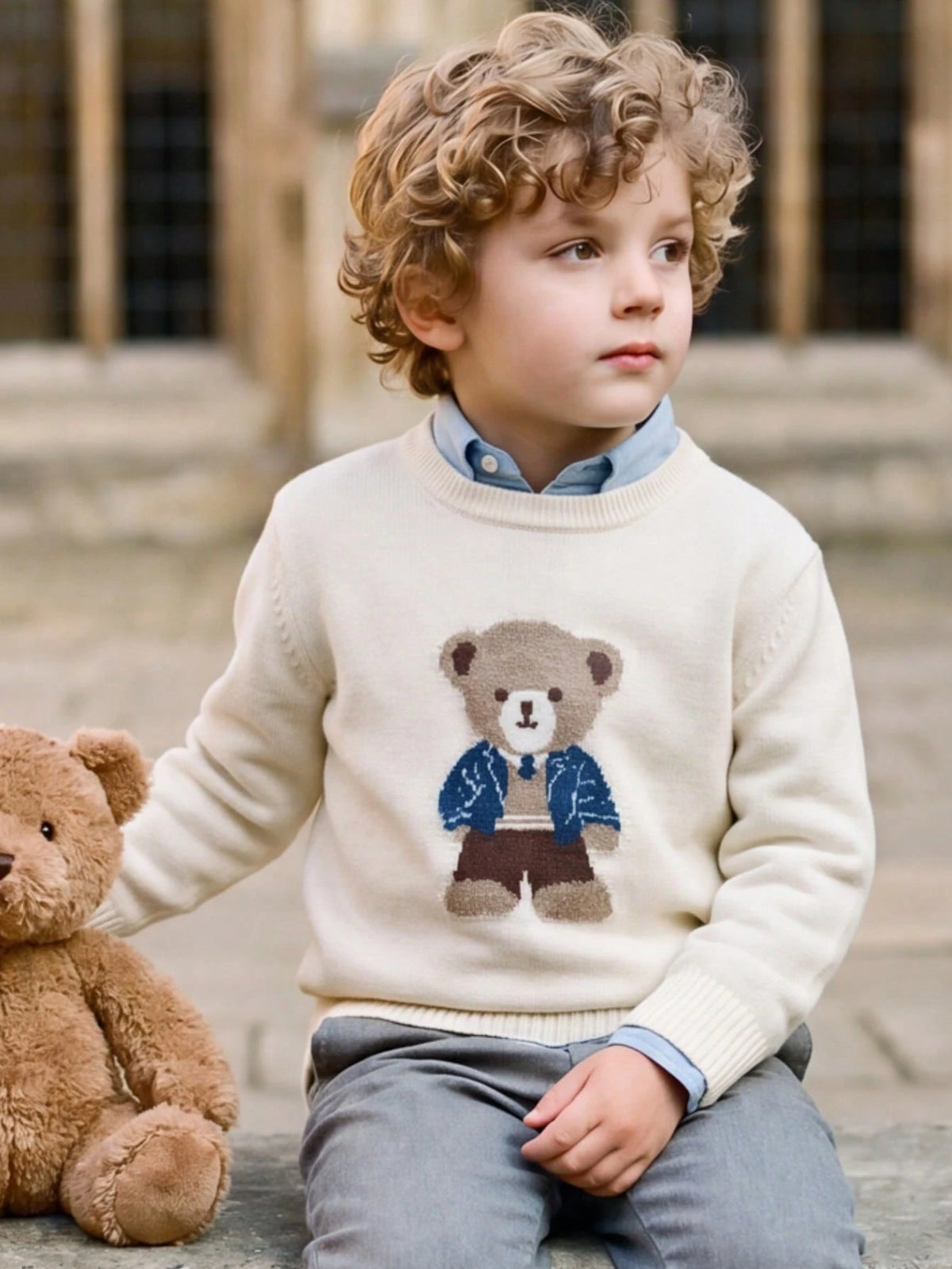 PrepCrw Young Boys' Casual Bear Graphic Sweater,White Winter Career Day School Back-To-School Retro Vintage Y2k Streetwear Cozy Autumn/Winter Holiday Party