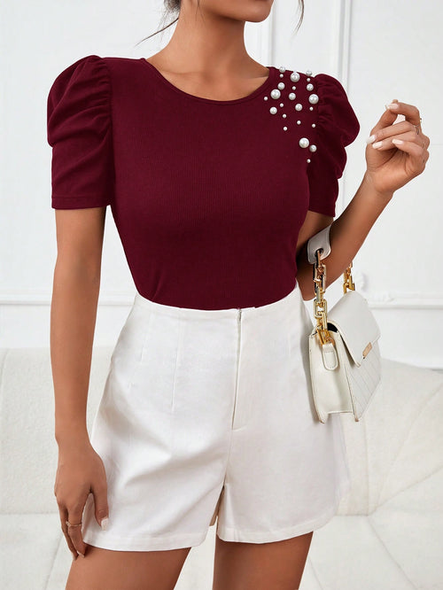 Privé Pearls Beaded Puff Sleeve Tee