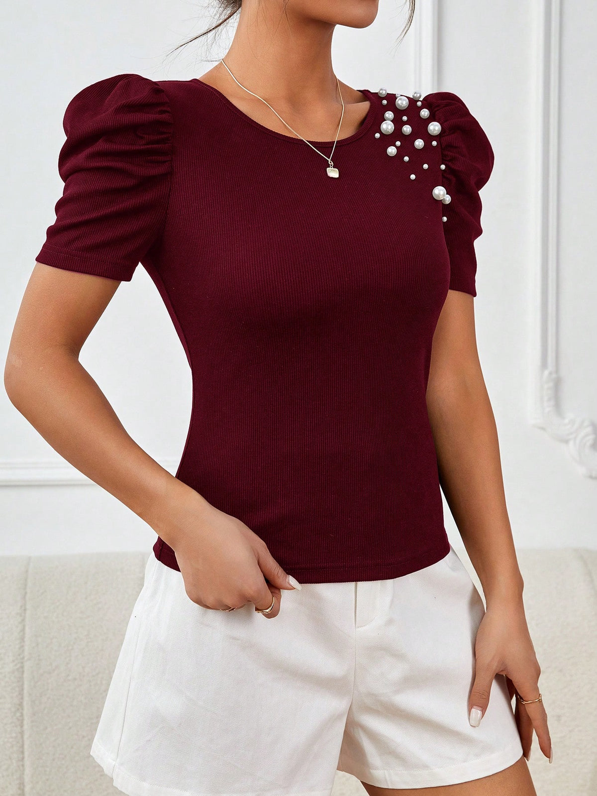 Privé Pearls Beaded Puff Sleeve Tee