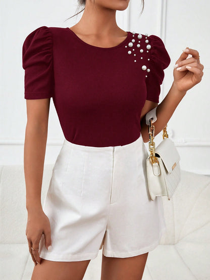 Privé Pearls Beaded Puff Sleeve Tee