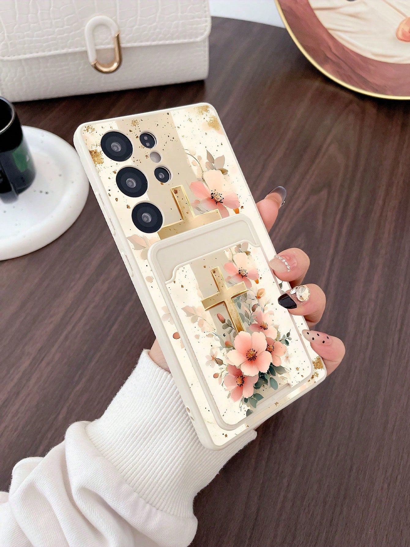 #Pure Android Series# 1pc White TPU Pink Flower Gold Foil Cross Pattern Full Coverage Shockproof Phone Case And 1pc Pink Flower Gold Foil Cross Pattern White Adhesive Card Holder, New 2-In-1, Full Cov