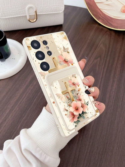 #Pure Android Series# 1pc White TPU Pink Flower Gold Foil Cross Pattern Full Coverage Shockproof Phone Case And 1pc Pink Flower Gold Foil Cross Pattern White Adhesive Card Holder, New 2-In-1, Full Cov