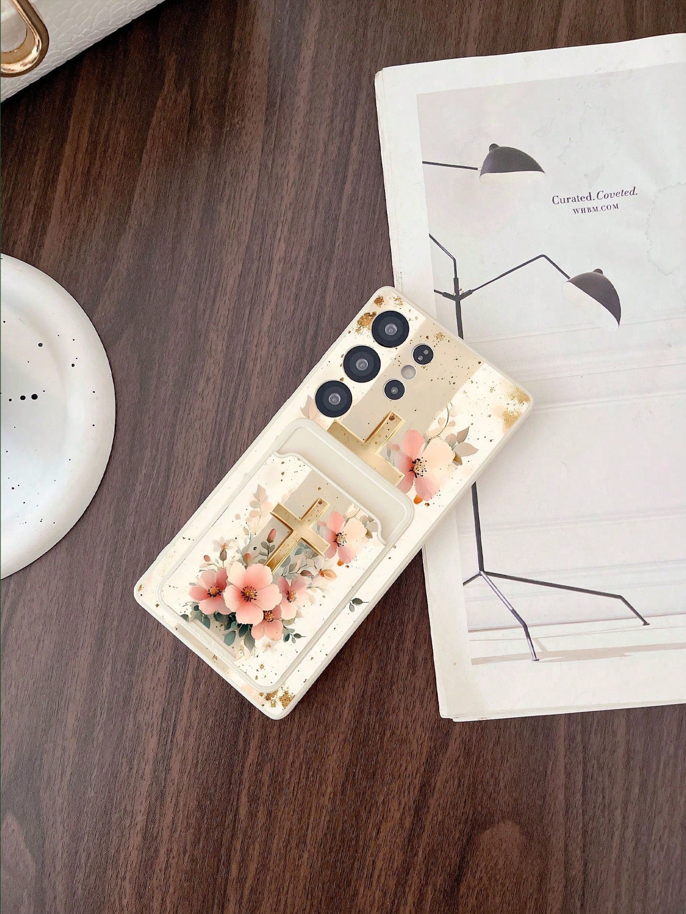 #Pure Android Series# 1pc White TPU Pink Flower Gold Foil Cross Pattern Full Coverage Shockproof Phone Case And 1pc Pink Flower Gold Foil Cross Pattern White Adhesive Card Holder, New 2-In-1, Full Cov