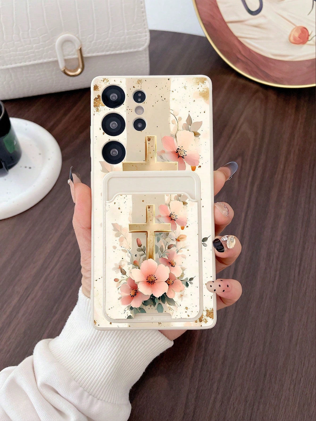 #Pure Android Series# 1pc White TPU Pink Flower Gold Foil Cross Pattern Full Coverage Shockproof Phone Case And 1pc Pink Flower Gold Foil Cross Pattern White Adhesive Card Holder, New 2-In-1, Full Cov