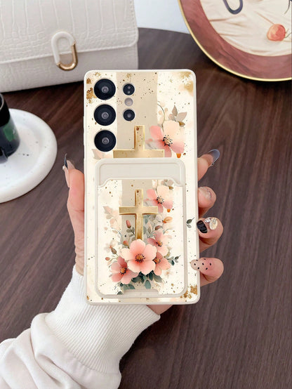 #Pure Android Series# 1pc White TPU Pink Flower Gold Foil Cross Pattern Full Coverage Shockproof Phone Case And 1pc Pink Flower Gold Foil Cross Pattern White Adhesive Card Holder, New 2-In-1, Full Cov
