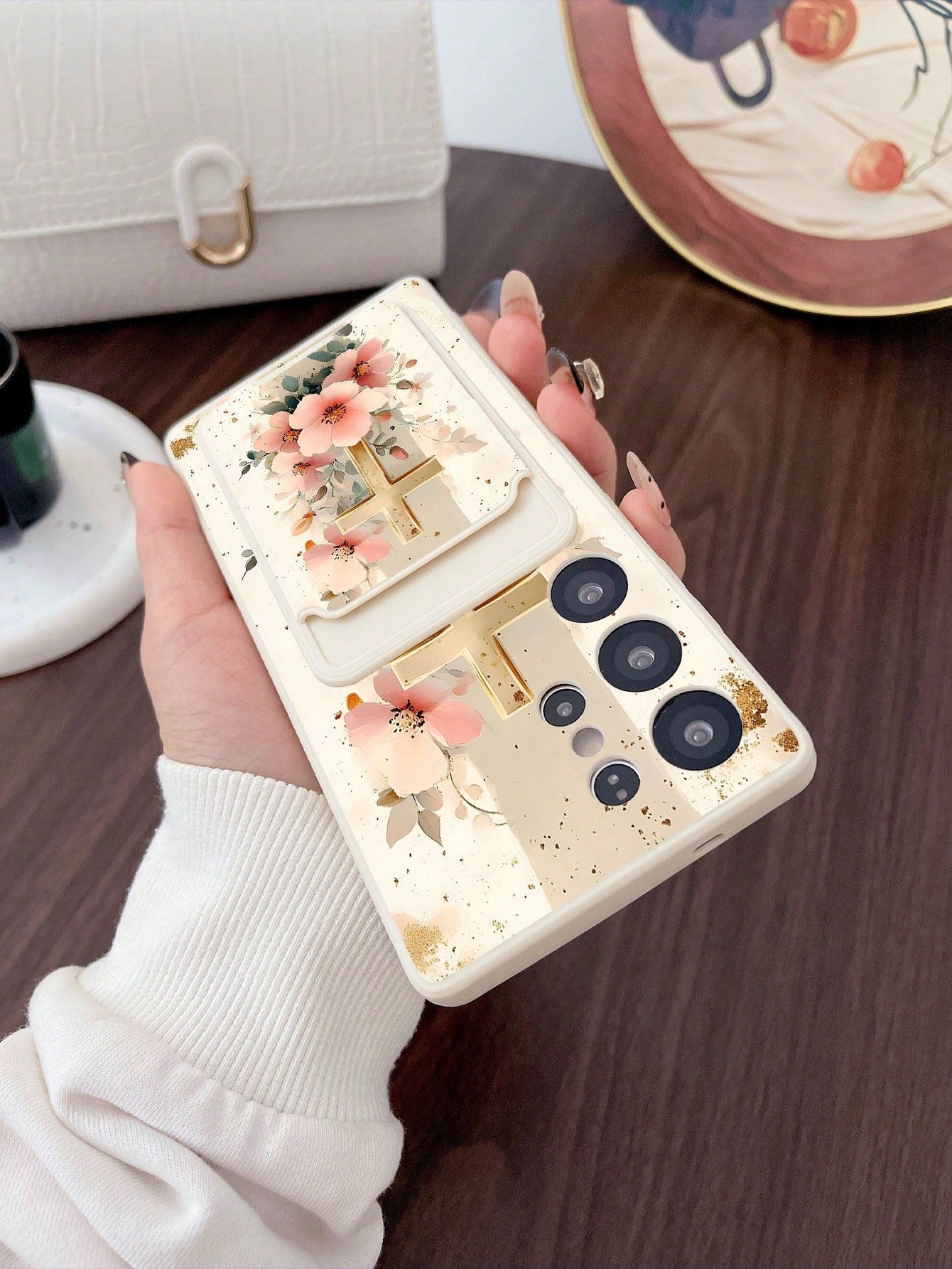 #Pure Android Series# 1pc White TPU Pink Flower Gold Foil Cross Pattern Full Coverage Shockproof Phone Case And 1pc Pink Flower Gold Foil Cross Pattern White Adhesive Card Holder, New 2-In-1, Full Cov