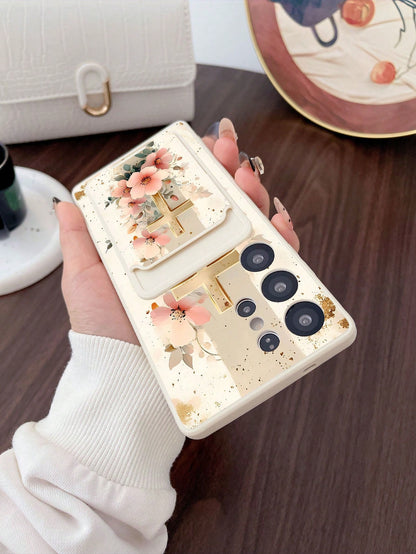 #Pure Android Series# 1pc White TPU Pink Flower Gold Foil Cross Pattern Full Coverage Shockproof Phone Case And 1pc Pink Flower Gold Foil Cross Pattern White Adhesive Card Holder, New 2-In-1, Full Cov