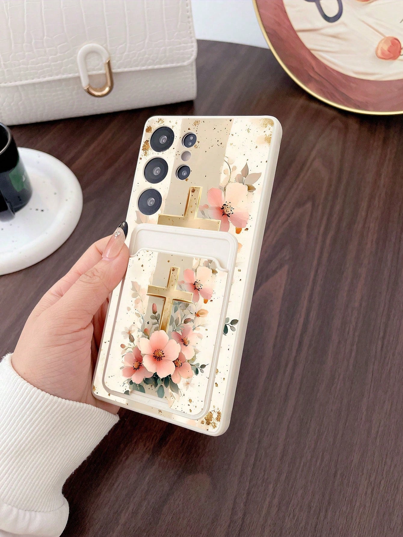 #Pure Android Series# 1pc White TPU Pink Flower Gold Foil Cross Pattern Full Coverage Shockproof Phone Case And 1pc Pink Flower Gold Foil Cross Pattern White Adhesive Card Holder, New 2-In-1, Full Cov