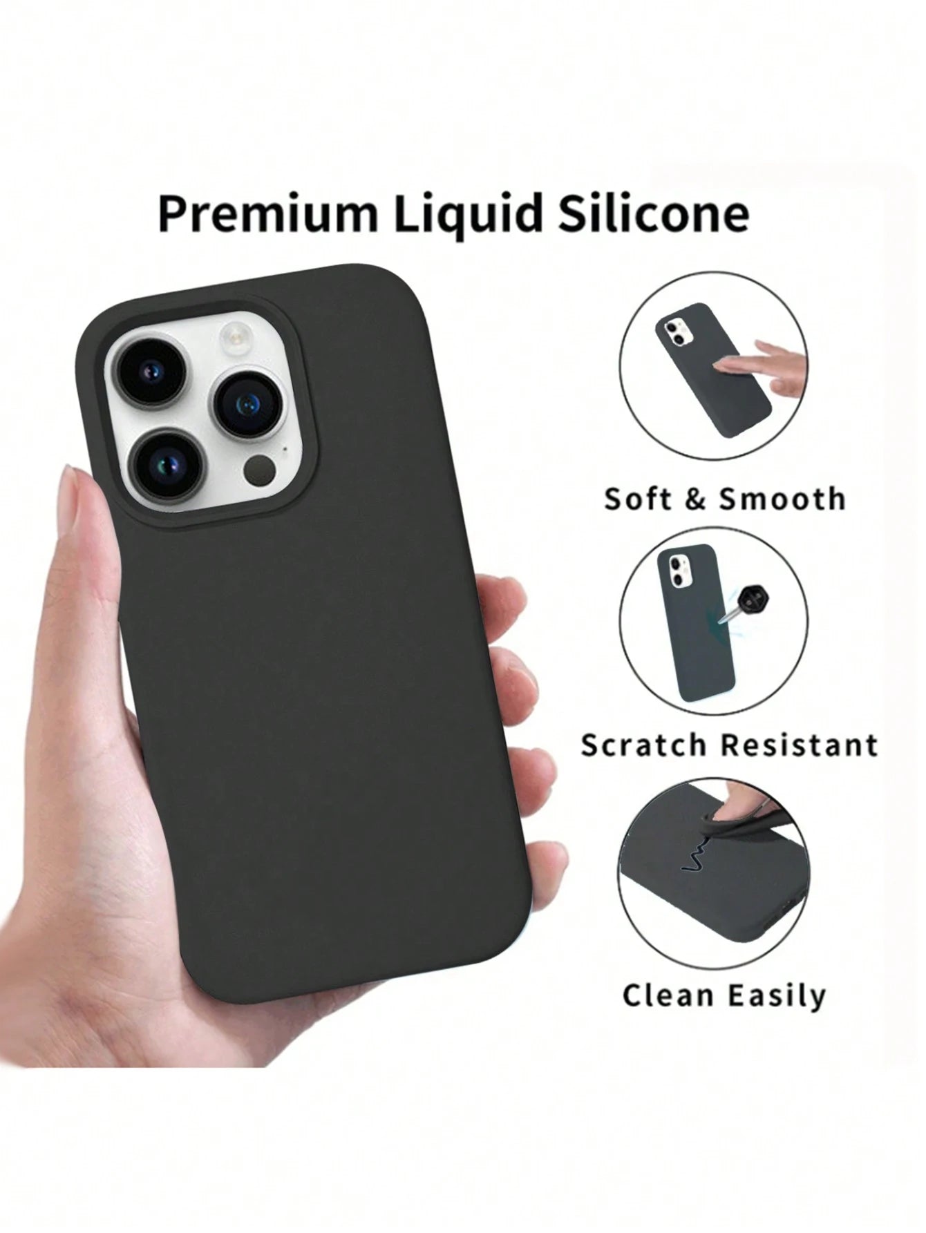 Pure Black Solid Color Material Liquid Silicone 2.0mm Thick Liquid Silicone Phone Case, Compatible With Apple 16 15 14 13 12 11 Pro Max, Galaxy S24 Ultra S23 S22 S25 Series, Full Coverage Protective C