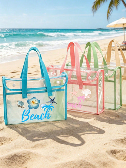 PVC Beach Bag, Women's Beach Bag, Transparent Tote Bag, Jelly Tote Bag, Large Swimming Pool Handbag, Fashionable And Practical, Upgraded Material, Soft And Comfortable, Waterproof And Sand-Proof; Equi