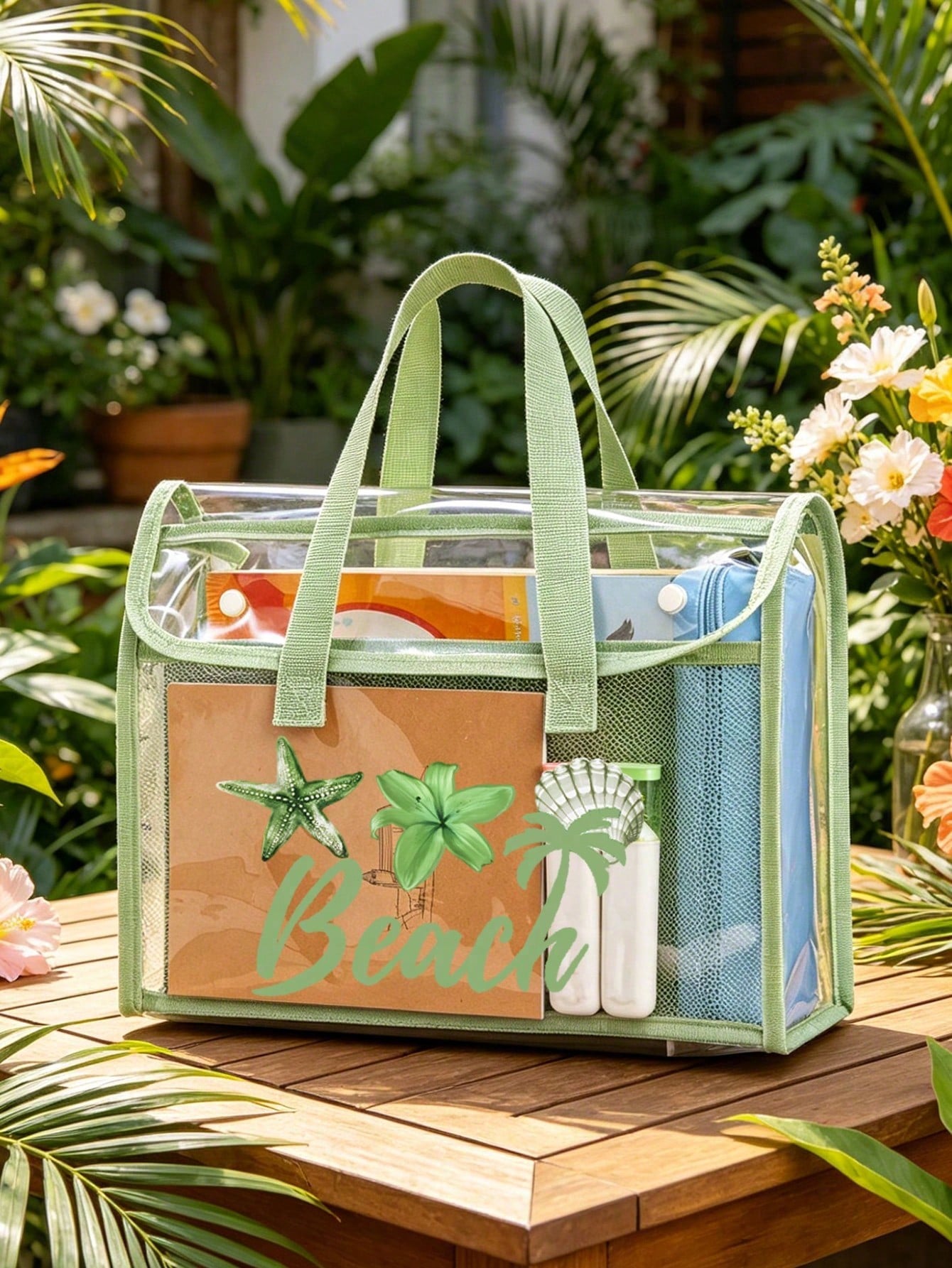 PVC Beach Bag, Women's Beach Bag, Transparent Tote Bag, Jelly Tote Bag, Large Swimming Pool Handbag, Fashionable And Practical, Upgraded Material, Soft And Comfortable, Waterproof And Sand-Proof; Equi