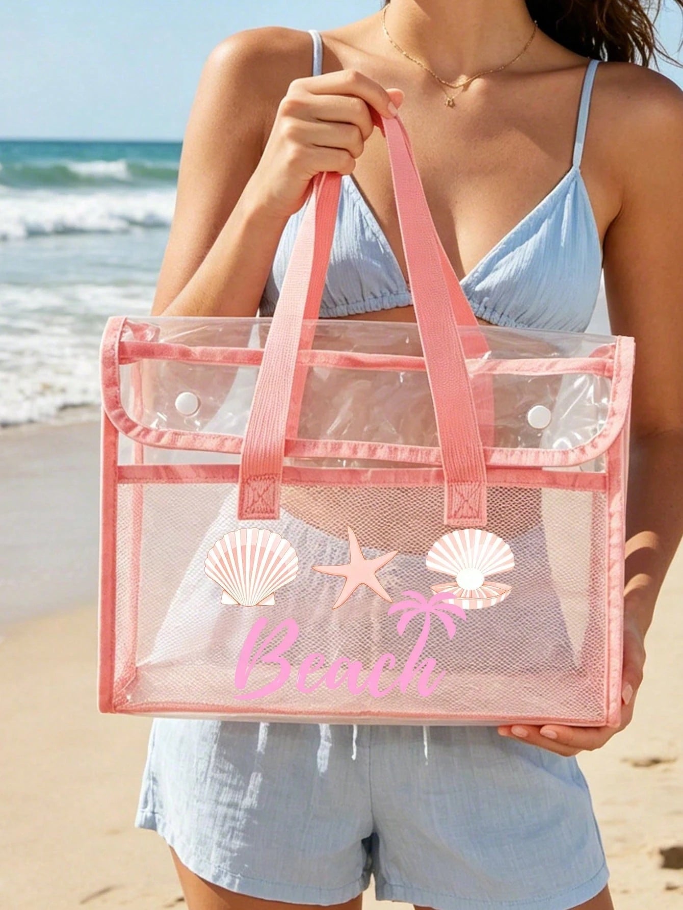 PVC Beach Bag, Women's Beach Bag, Transparent Tote Bag, Jelly Tote Bag, Large Swimming Pool Handbag, Fashionable And Practical, Upgraded Material, Soft And Comfortable, Waterproof And Sand-Proof; Equi