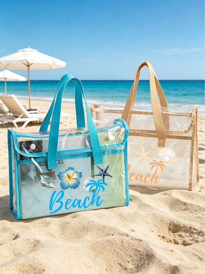 PVC Beach Bag, Women's Beach Bag, Transparent Tote Bag, Jelly Tote Bag, Large Swimming Pool Handbag, Fashionable And Practical, Upgraded Material, Soft And Comfortable, Waterproof And Sand-Proof; Equi