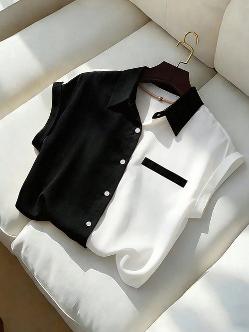 Qadelle Women's Elegant Color Block Short Sleeve Blouse, Summer