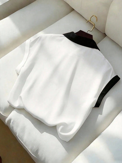 Qadelle Women's Elegant Color Block Short Sleeve Blouse, Summer