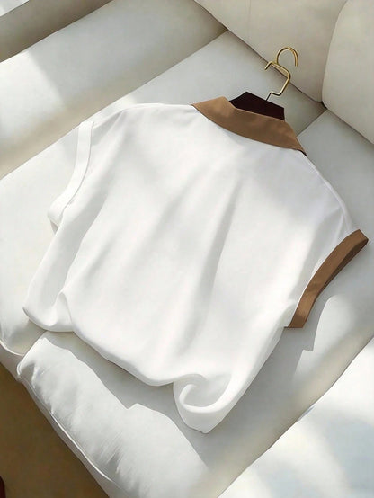 Qadelle Women's Elegant Color Block Short Sleeve Blouse, Summer