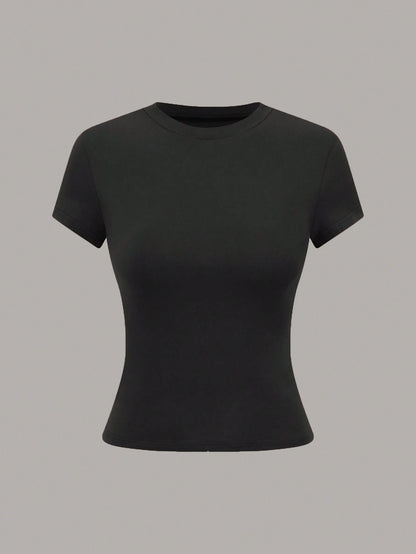 Qadelle Women's Round Neck Short Sleeve Solid Black Grey Navy Blue Fitted Blouse Tops,Summer Casual Everyday Simple Work Office Party Tops