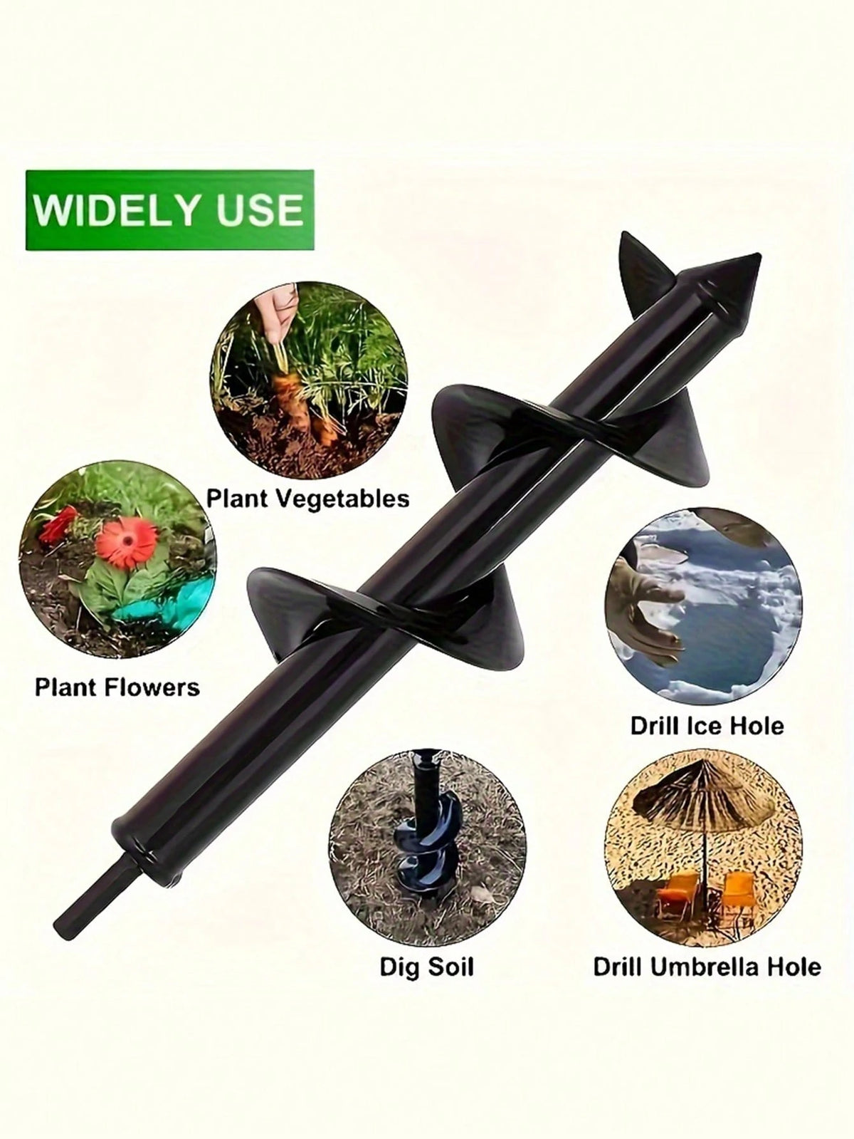Quick-Plant Heavy-Duty Auger Drill Bit, Metal Garden Tool- Single Item Packaging, 3/8" Hex Round Shank
