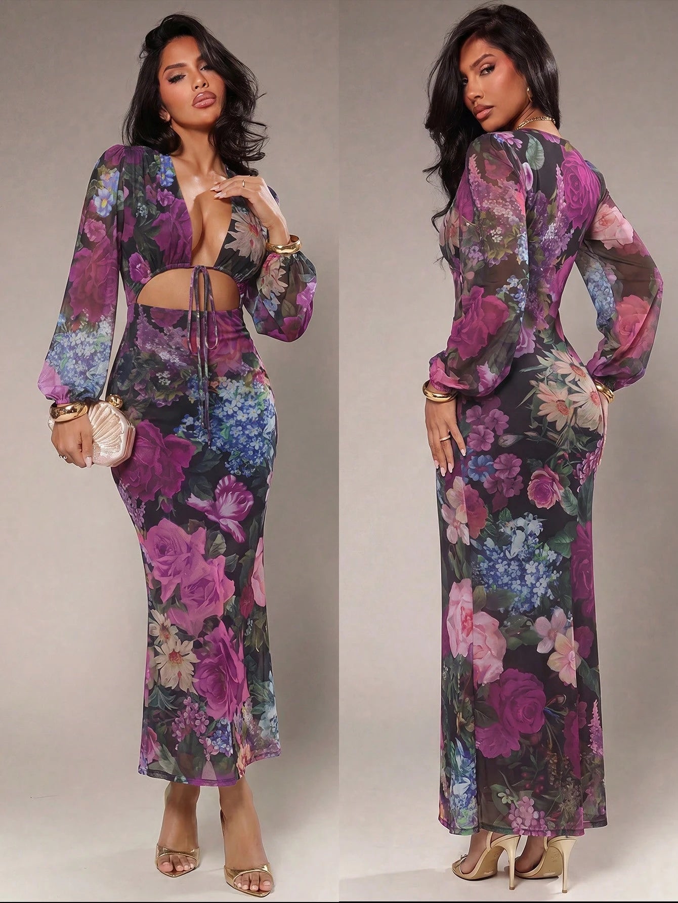 Radiana Women's Sexy Elegant Romantic Tie Dye Floral Print Maxi Dress, Mesh Print Dress, Long Sleeve Lantern Sleeve Dress, Low Cut Dress, Maxi Dress, Slim Fit Dress, Valentine's Day Date Dress, Elasti