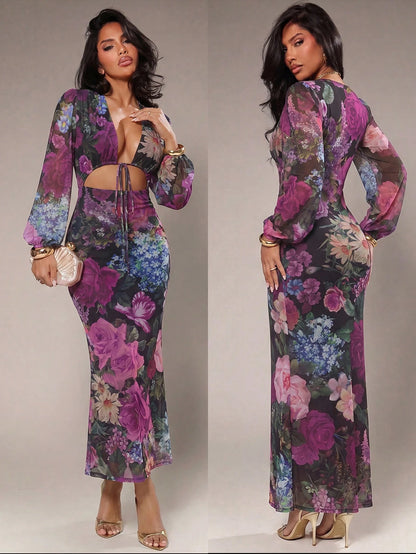 Radiana Women's Sexy Elegant Romantic Tie Dye Floral Print Maxi Dress, Mesh Print Dress, Long Sleeve Lantern Sleeve Dress, Low Cut Dress, Maxi Dress, Slim Fit Dress, Valentine's Day Date Dress, Elasti