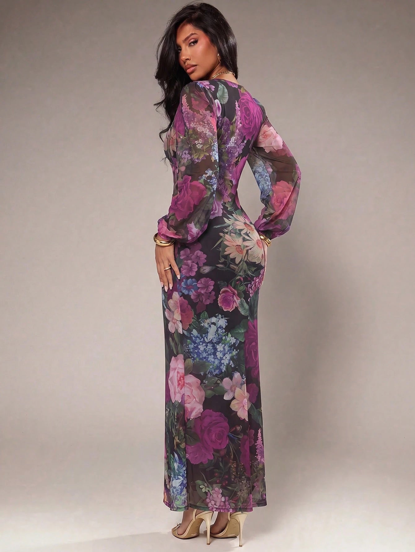 Radiana Women's Sexy Elegant Romantic Tie Dye Floral Print Maxi Dress, Mesh Print Dress, Long Sleeve Lantern Sleeve Dress, Low Cut Dress, Maxi Dress, Slim Fit Dress, Valentine's Day Date Dress, Elasti