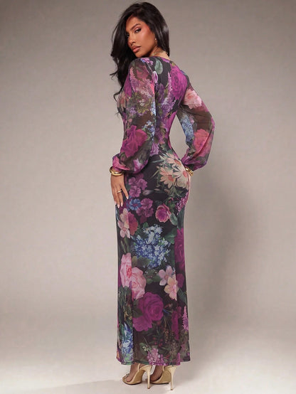 Radiana Women's Sexy Elegant Romantic Tie Dye Floral Print Maxi Dress, Mesh Print Dress, Long Sleeve Lantern Sleeve Dress, Low Cut Dress, Maxi Dress, Slim Fit Dress, Valentine's Day Date Dress, Elasti