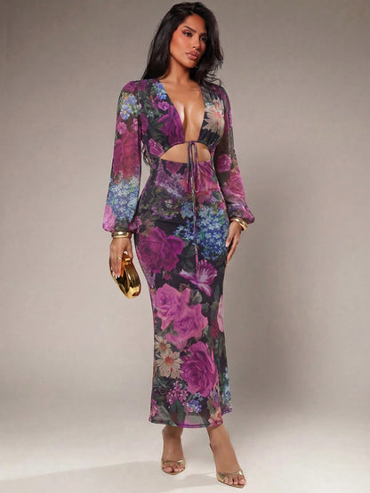 Radiana Women's Sexy Elegant Romantic Tie Dye Floral Print Maxi Dress, Mesh Print Dress, Long Sleeve Lantern Sleeve Dress, Low Cut Dress, Maxi Dress, Slim Fit Dress, Valentine's Day Date Dress, Elasti