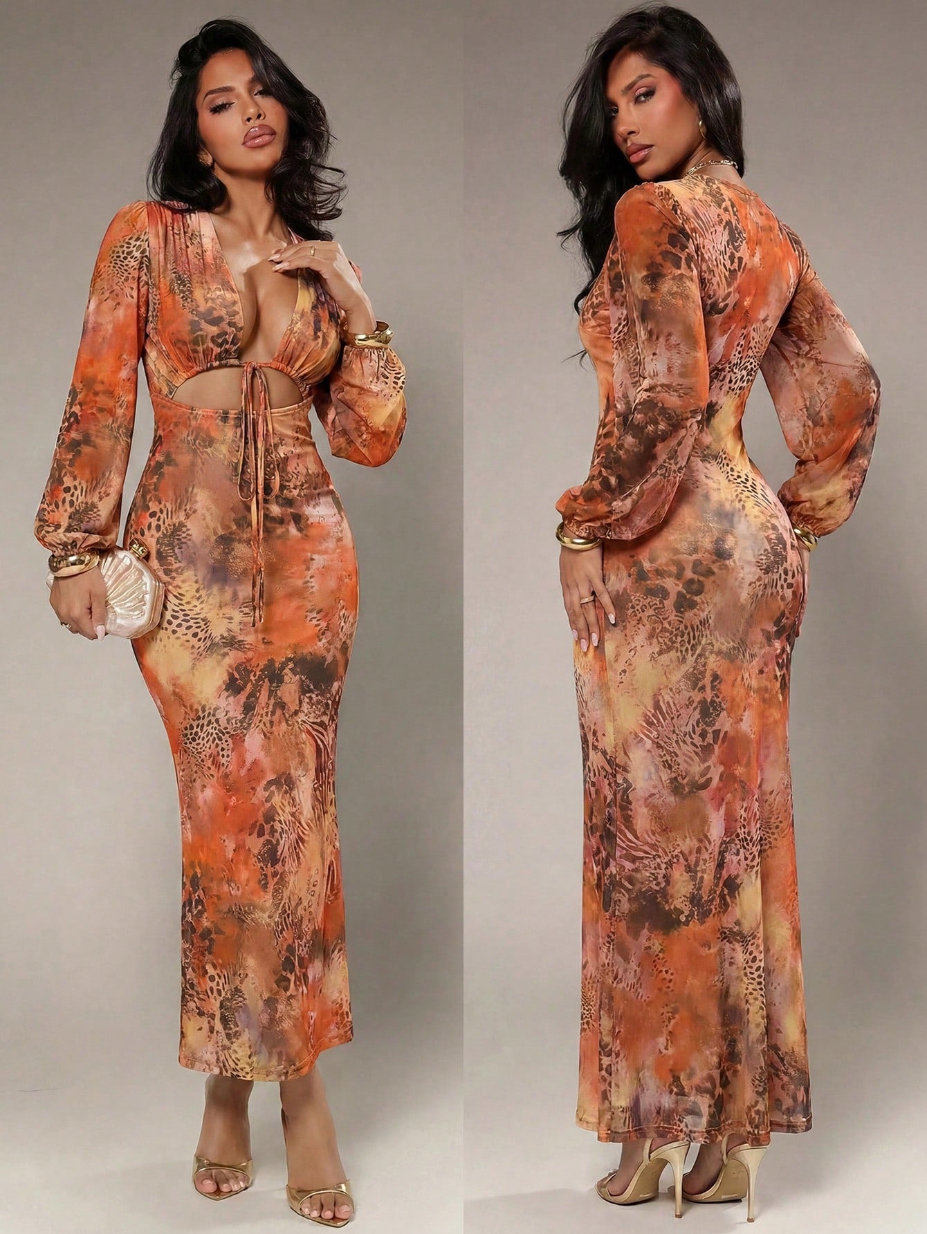 Radiana Women's Sexy Elegant Romantic Tie Dye Floral Print Maxi Dress, Mesh Print Dress, Long Sleeve Lantern Sleeve Dress, Low Cut Dress, Maxi Dress, Slim Fit Dress, Valentine's Day Date Dress, Elasti