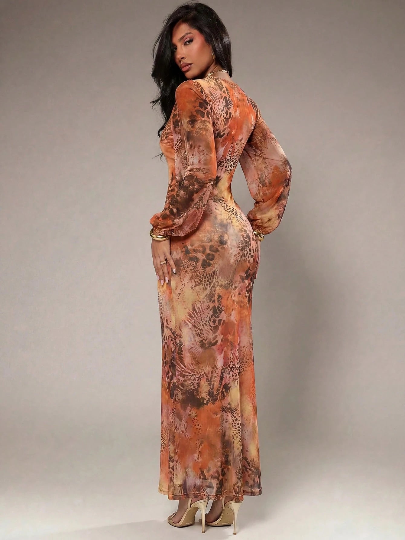 Radiana Women's Sexy Elegant Romantic Tie Dye Floral Print Maxi Dress, Mesh Print Dress, Long Sleeve Lantern Sleeve Dress, Low Cut Dress, Maxi Dress, Slim Fit Dress, Valentine's Day Date Dress, Elasti